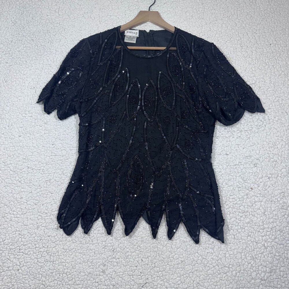 Vintage Stenay Black Beaded Silk Gatsby Blouse Size M Dark Romance Sequin